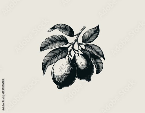 lemon illustration shows fresh citrus fruits growing on leafy branch