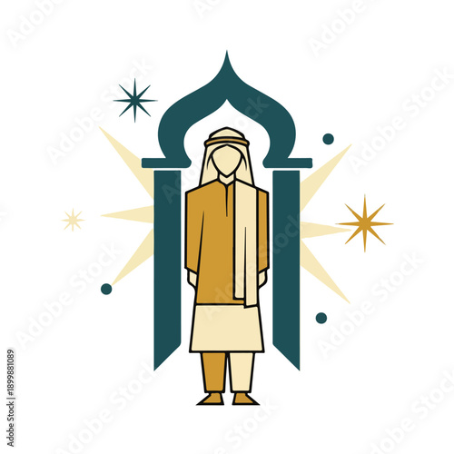 Traditional Arab man in ethnic clothing standing in front of an Islamic archway with decorative stars