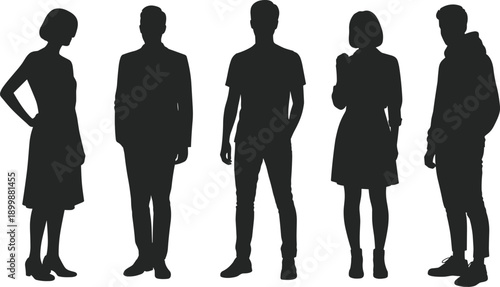 Five silhouetted individuals in varied attire and poses—dress, suit, hoodie, casual—standing side by side to represent diversity, posture, and identity.