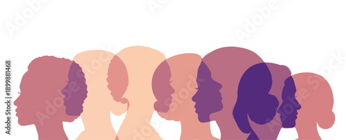 Overlapping silhouettes of diverse women in soft colors representing equality inclusion unity and empowerment for International Women’s Day vector illustration