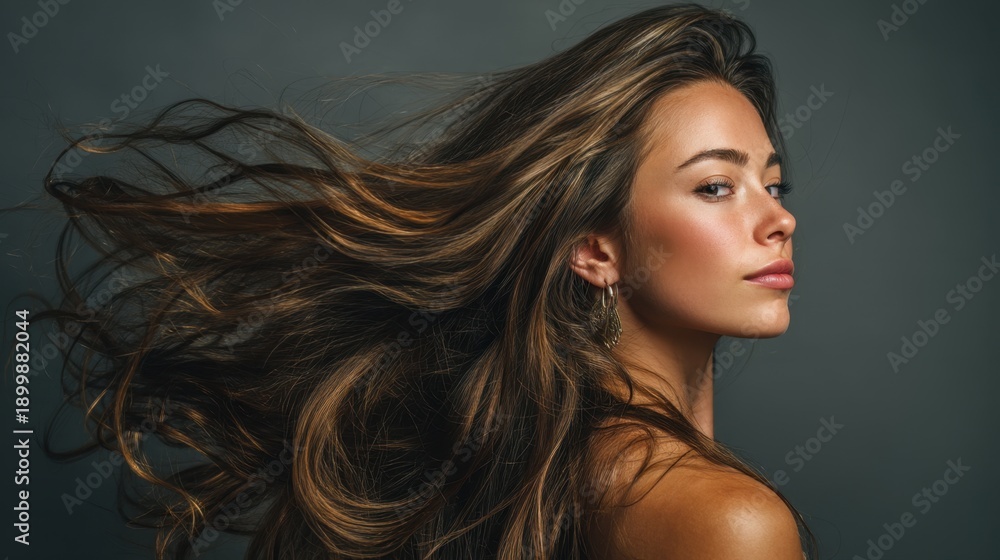 Naklejka premium Young caucasian female with flowing hair in profile pose against dark background.