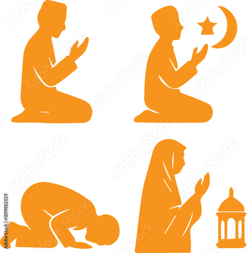 Islamic Prayer and Ramadan Worship Silhouette Icon Set