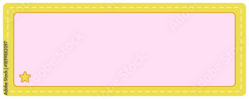 Horizontal pastel pink rectangular banner with yellow stitched border and small gold star icon, cute blank message box for digital scrapbooking and UI design