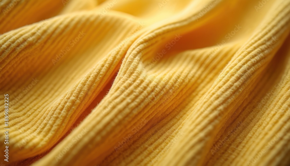 Naklejka premium Soft yellow corduroy fabric texture closeup. Draped textile with ribbed wales creates a warm, cozy visual appeal. Ideal for fashion, home decor, and upholstery.