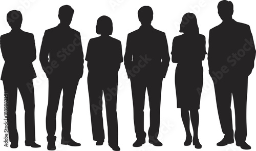 Silhouetted business professionals standing together in formal attire, representing teamwork, diversity, corporate unity, and professional collaboration in a modern workplace setting.