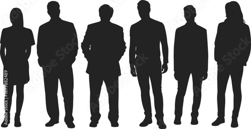 Six silhouetted individuals in mixed formal and casual attire, standing side by side to represent diversity, anonymity, and modern demographic group dynamics.