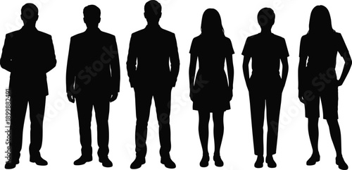 Six silhouetted individuals in mixed business and semi-formal attire, standing side by side to represent professional diversity, gender balance, and team identity.