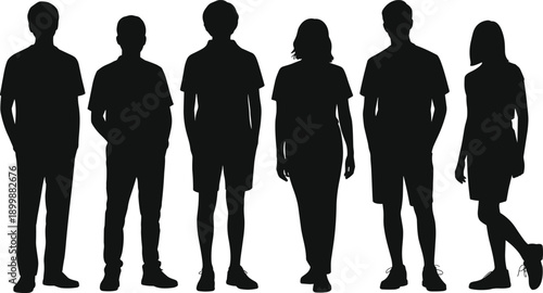 Six silhouetted individuals in mixed shorts and pants, standing side by side to represent posture diversity, casual style, and human body language study.