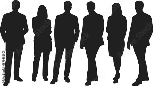 Six silhouetted professionals in business attire, male and female, posed in varied stances to represent workplace diversity, unity, and corporate identity.