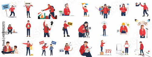 Diverse people in red jackets engaged in social activism, protest, volunteering, and various community activities, illustrating unity and demanding change.