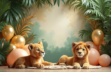 Two cute lion cubs lie on blanket with jungle leaves and gold balloons. Scene has soft sky backdrop perfect for baby shower or birthday party.