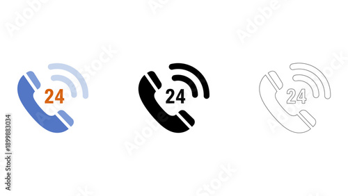 set of three icons representing 24 hour phone support, showcasing nonstop customer assistance and call support availabil