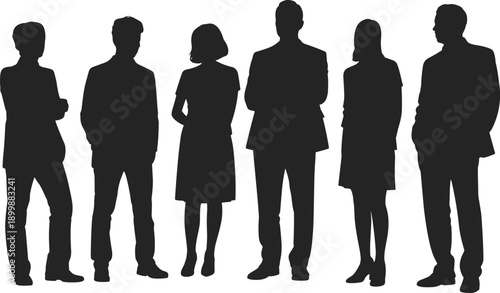 Six silhouetted professionals standing in symmetry, dressed in formal business attire, symbolizing workplace diversity, team unity, and corporate collaboration in a modern setting.