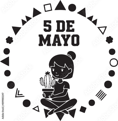 Cute cartoon girl holding cactus plant celebrating May fifth festive illustration design