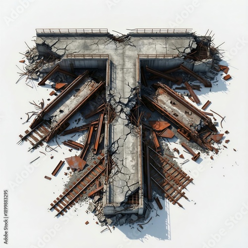 Destroyed railway bridge and concrete T-junction with twisted metal and rubble, ruined industrial infrastructure