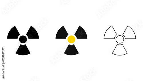 This image features three distinct nuclear radiation warning signs, each representing different style or level of cautio
