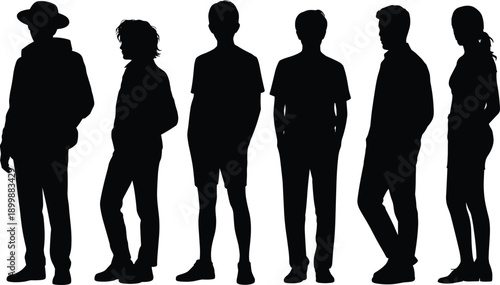 Six unique silhouetted individuals in casual clothing and varied postures, standing side by side to represent diversity, identity, and modern lifestyle expression.