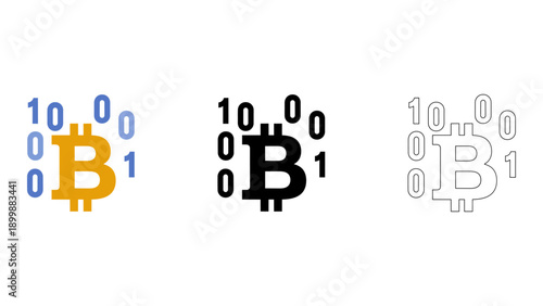 This image represents digital concept of Bitcoin in binary code, showcasing colorful and monochromatic designs that symb