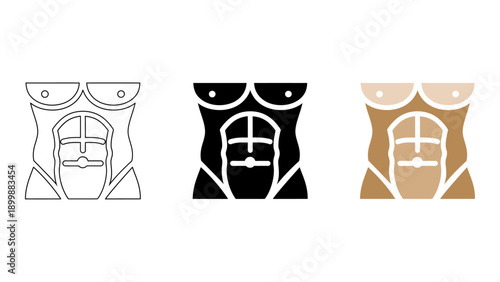 This image represents core strength and abominal training with three abs illustrations in different colors and styles, c