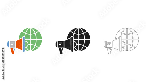 This image represents global reach promotion with megaphones and globes, symbolizing marketing, broadcasting, and brand