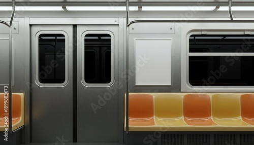 Empty subway train interior with blank ad poster mockup and classic orange and yellow seats, urban public transport background