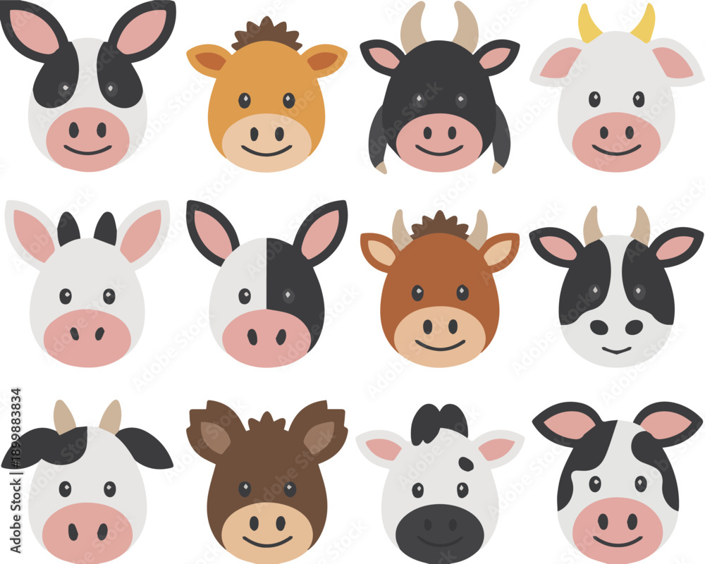Obraz premium Set of cartoon cow heads in various expressions and styles, isolated on a white background. Perfect for kids, farm, education, games, and fun illustration projects.