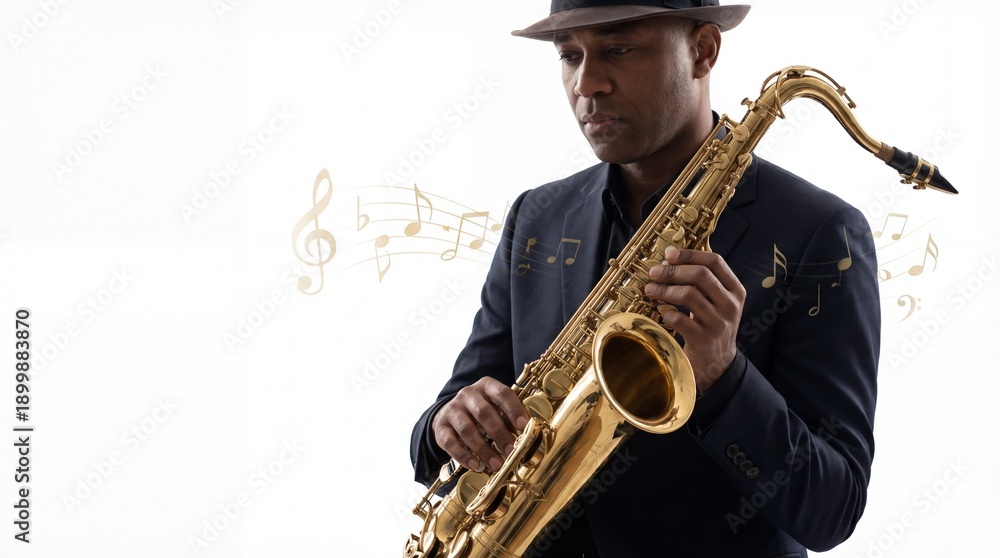 Fototapeta premium Man in hat playing golden saxophone with musical notes on white background