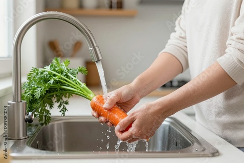 A man washes carrots under the tap in a modern kitchen