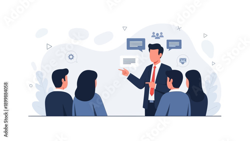 Business meeting: speaker presenting ideas to diverse team in modern office