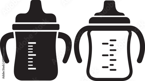Two Black and White Icons of Sippy Cups with Measurement Markings, for Baby and Toddler Drinkware