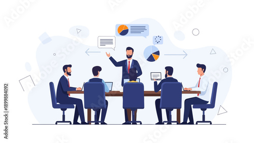 Business Meeting: Team Collaboration and Presentation with Charts