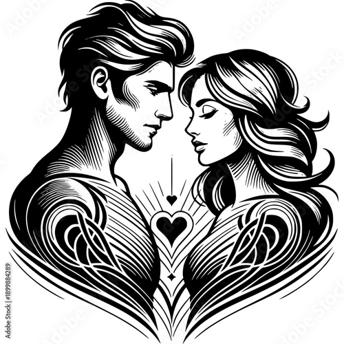 Eternal Bond: A captivating sketch portrays a man and woman in intimate embrace, their eyes locked in a silent exchange of affection, their hearts entwined in an unbreakable bond of love.