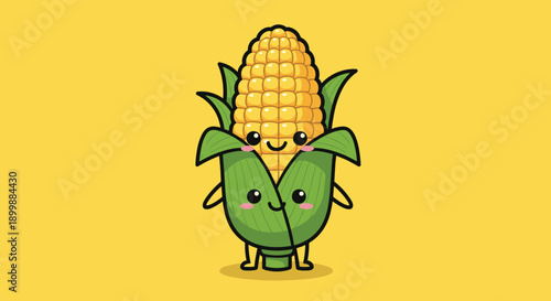 Adorable kawaii corn on the cob character with a happy smiling face, arms, and legs, standing against a bright yellow background.