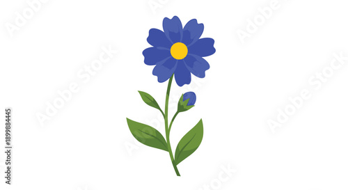 Simple and charming cartoon illustration of a single blue flower with a yellow center, green stem, leaves, and an unopened bud.