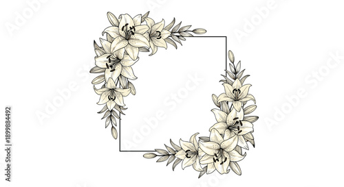 Elegant square frame decorated with hand-drawn white lily flower arrangements on opposite corners, in a classic vintage sketch style.