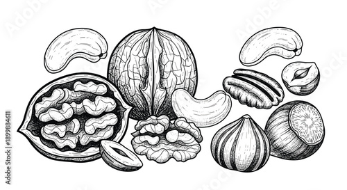 A beautiful assortment of various nuts, including walnuts, cashews, and hazelnuts, in a detailed black and white vintage sketch style.