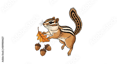 Adorable cartoon chipmunk holding an autumn oak leaf with acorns scattered nearby, illustrated in a cute, colorful style.