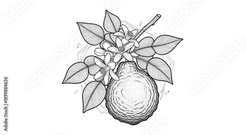 Vintage botanical illustration of a bergamot fruit on a branch with flowers and leaves, drawn in a detailed engraving style.