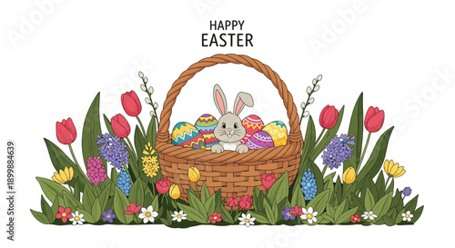 Happy Easter greeting card illustration with a cute bunny in a wicker basket of colorful eggs, surrounded by spring flowers.