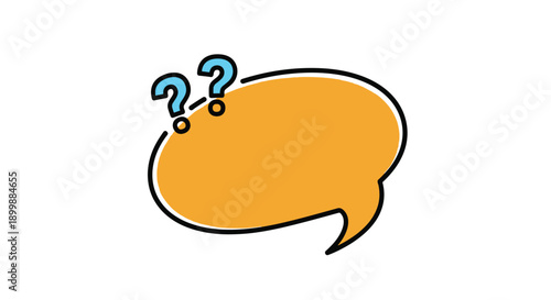 Orange comic-style speech bubble with two blue question marks, indicating confusion, curiosity, or a question being asked.