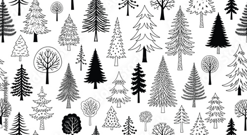 Seamless black and white pattern with various hand-drawn doodle-style trees, including pine, fir, and deciduous types for a forest background.