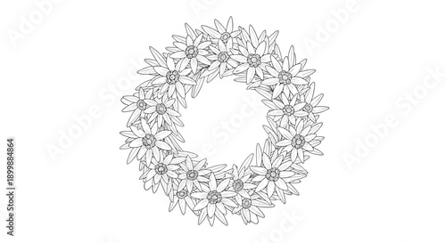 A beautiful floral wreath made of edelweiss flowers, hand-drawn in a delicate dashed line or embroidery stitch style.