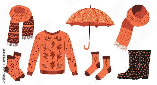 A cozy collection of autumn-themed clothing and accessories, including a sweater, scarf, socks, boots, and an umbrella in warm orange tones.