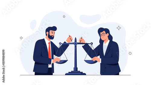 Business partners balancing scales of justice, legal concept, law, fairness, equality