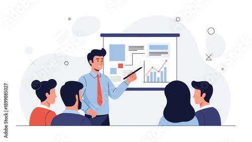 Business presentation with charts and graphs on whiteboard, team meeting