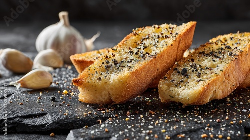 Wallpaper Mural Garlic bread with cracked black pepper visible, dark stone surface, masculine food styling Torontodigital.ca