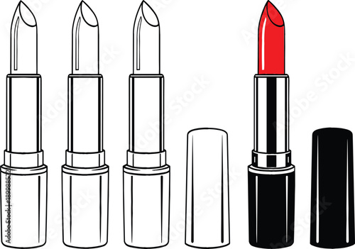 Lipstick illustration set with outline and solid cosmetic tubes including red lipstick shade isolated on white background makeup vector design