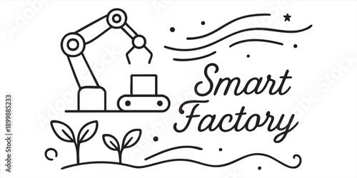Smart Factory Robotic Arm and Conveyor – Minimalist Line Art Vector