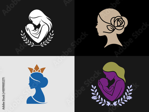 Happy Mother's Day woman head card Illustration of mother with her little child, flower in the background. Concept of mothers day, mothers love, relationships between mother and child.