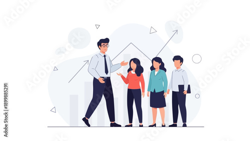 Business team with leader presenting growth chart, teamwork and success concept